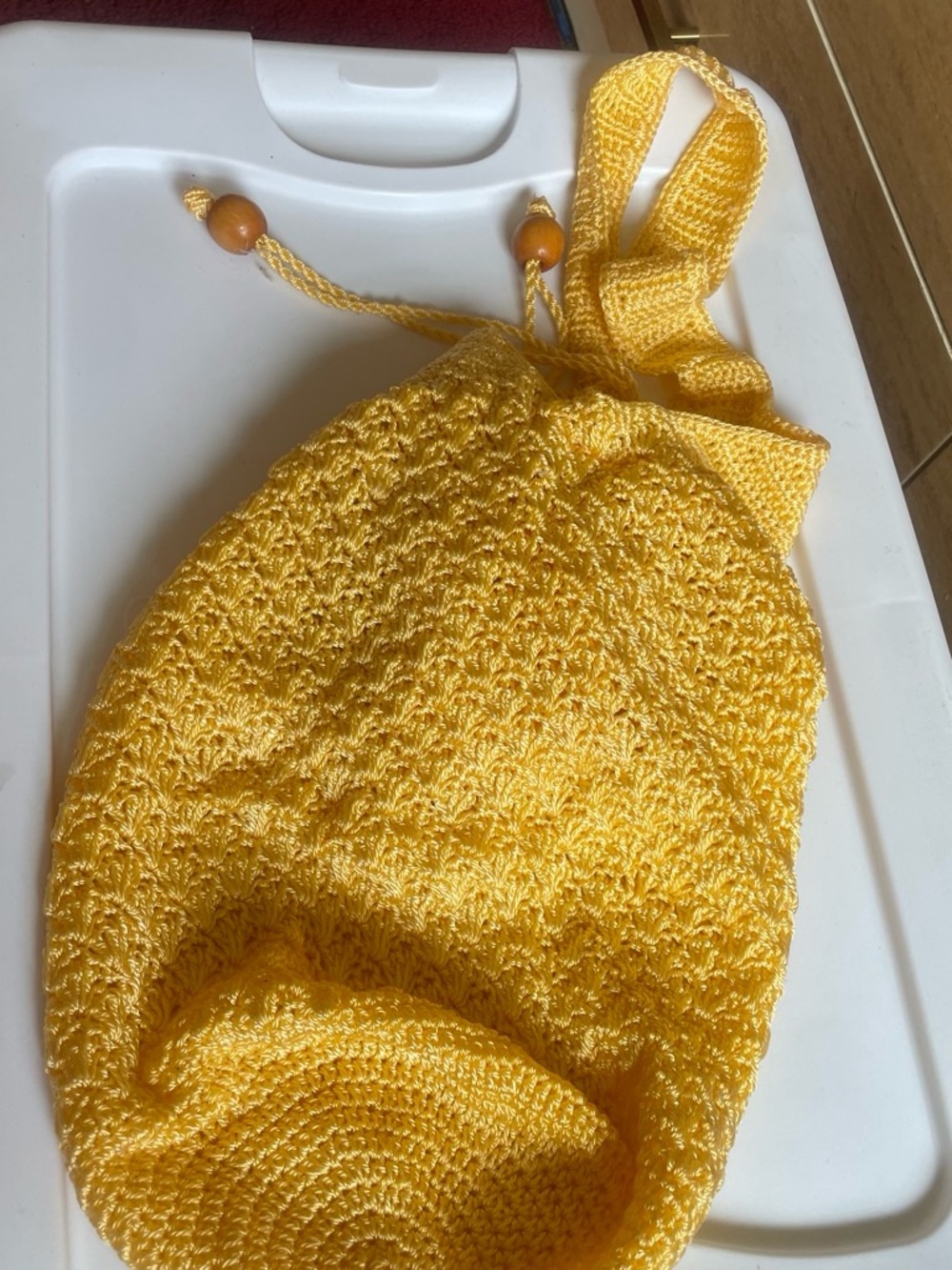 Kids Yellow Crochet Drawstring Hat - Soft Knit Sun Hat